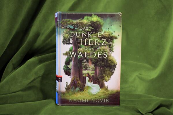 Foto des Buches "Das dunkle Herz des Waldes" vor gr&uuml;nem Hintergrund. Das Cover zeigt eine junge Frau in wei&szlig;em Kleid, die auf mehrere sehr hohe und dicht beieinander stehende B&auml;ume zugeht.