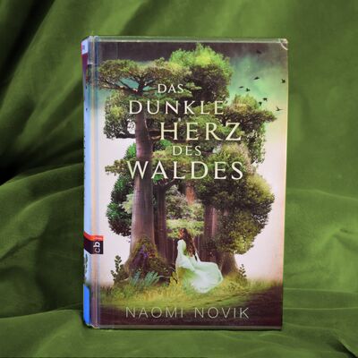 Foto des Buches "Das dunkle Herz des Waldes" vor gr&uuml;nem Hintergrund. Das Cover zeigt eine junge Frau in wei&szlig;em Kleid, die auf mehrere sehr hohe und dicht beieinander stehende B&auml;ume zugeht.