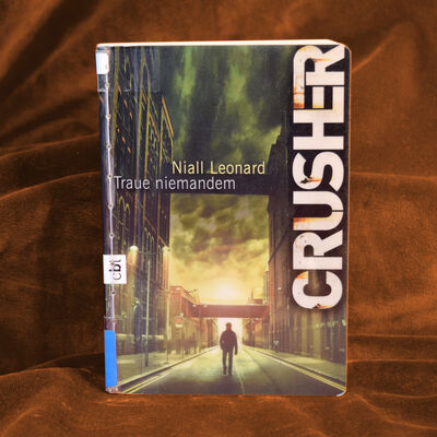 Foto des Buches "Crusher - Traue niemandem". Das Cover zeigt eine lange Stra&szlig;e zwischen hohen H&auml;usern und vermittelt den Eindruck einer Industriestadt unter einem Himmel von sehr unheilvoller Farbe. Mitten auf der Stra&szlig;e ist die Silhouette eines jungen Mannes zu sehen.