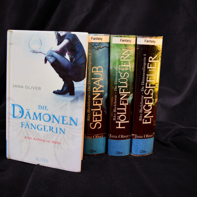 Foto der vierb&auml;ndigen Buchreihe "Die D&auml;monenf&auml;ngerin". Cover und Titel des ersten Bandes "Aller Anfang ist H&ouml;lle" sind zu sehen; von den weiteren B&auml;nden nur die Buchr&uuml;cken.