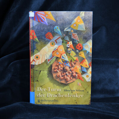 Foto des Buches "Der Turm der Drachenlenker". Das gezeichnete Cover zeigt aus der Vogelperspektive ein kleines Dorf, &uuml;ber dem viele bunte Stoffdrachen in unterschiedlichen Farben und Formen schweben.