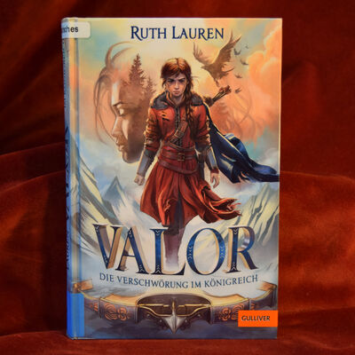 Foto des Buches "Valor - Die Verschw&ouml;rung im K&ouml;nigreich". Das gezeichnete Cover zeigt ein entschlossen voranschreitendes M&auml;dchen in Winterkleidung mit einem K&ouml;cher voller Pfeile &uuml;ber der Schulter, im Hintergrund ein M&auml;dchengesicht mit geschlossenen Augen und vorne am unteren Bildrand eine Armbrust mit eingelegtem Pfeil.