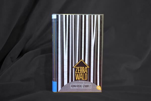 Foto des Buches "Zebrawald". Das gezeichnete Cover zeigt im Hintergrund dicht an dicht schwarze und wei&szlig;e Baumst&auml;mme, im Vordergrund umgibt ein kleines schwarzes Haus den Buchtitel.