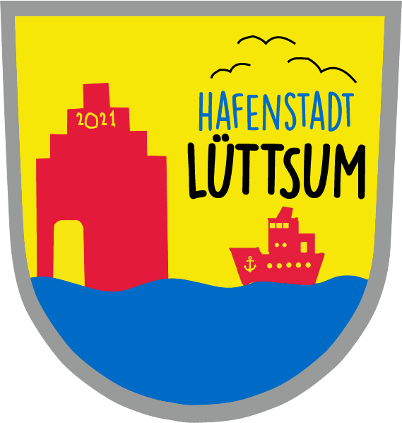 Wappen der Hafenstadt L&uuml;ttsum: &uuml;ber blauen Wellen sind vor gelbem Himmel ein gro&szlig;es rotes Haus und ein rotes Schiff zu sehen.