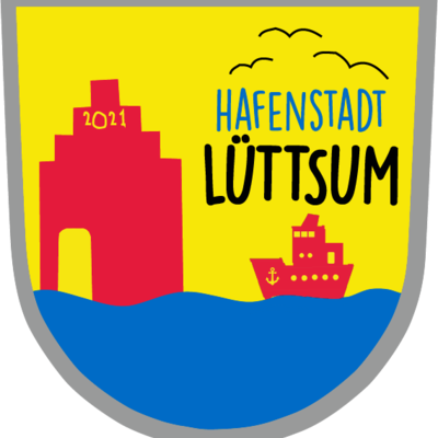 Wappen der Hafenstadt L&uuml;ttsum: &uuml;ber blauen Wellen sind vor gelbem Himmel ein gro&szlig;es rotes Haus und ein rotes Schiff zu sehen.