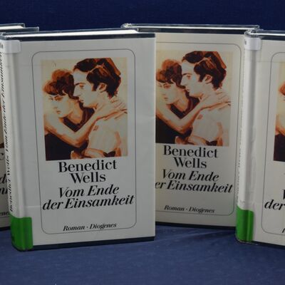 Foto von mehreren nebeneinander und hintereinander aufgestellten Exemplaren des Buches "Vom Ende der Einsamkeit". Das Cover zeigt jeweils ein Paar, das sich umarmt.