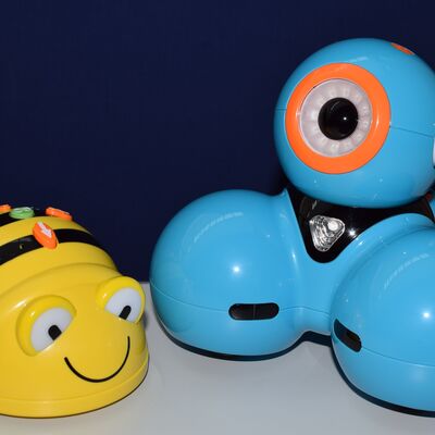 Foto der bibliothekseigenen Roboter "Bee-Bot" (in Form einer gro&szlig;en Biene) und "Dash" (sieht aus wie mehrere in Dreiecksform miteinander verbundene hellblaue Kugeln).