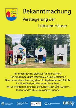 Plakat zur Versteigerung der L&uuml;ttsum-H&auml;user mit einem Foto von drei H&auml;usern und der Nennung des Versteigerungs-Termins.