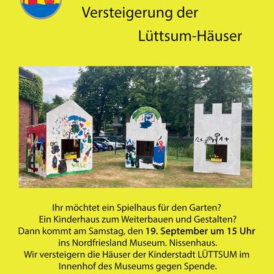 Plakat zur Versteigerung der L&uuml;ttsum-H&auml;user mit einem Foto von drei H&auml;usern und der Nennung des Versteigerungs-Termins.