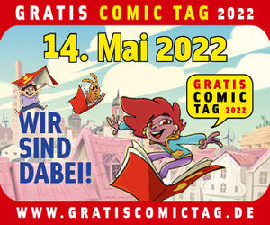 Werbe-Banner f&uuml;r den Gratis Comic Tag 2022 am 14. Mai mit der Aufschrift "Wir sind dabei!".