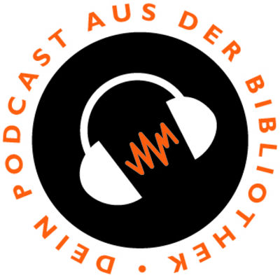 Logo des B&uuml;cheralarm-Projekts "Dein Podcast aus der Bibliothek". Das Logo zeigt einen schwarzen Kreis, in dem ein wei&szlig;er Kopfh&ouml;rer &uuml;ber orangenen Audiowellen abgebildet ist. Au&szlig;en steht rings um den Kreis in orangener Schrift "Dein Podcast aus der Bibliothek".