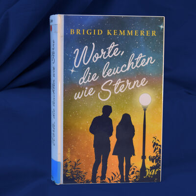 Foto des Buches "Worte, die leuchten wie Sterne". Das Cover zeigt die Silhouetten eines M&auml;dchens und eines Jungen neben einer leuchtenden Stra&szlig;enlaterne.
