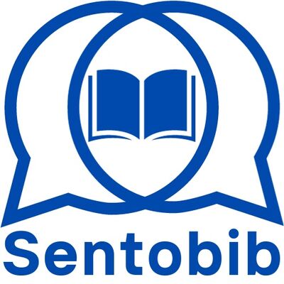 Logo zur Sentobib-Publikumsstudie: In Blau auf wei&szlig;em Untergrund ist &uuml;ber dem Schriftzug "Sentobib" als Piktogramm ein aufgeschlagenes Buch in zwei einander &uuml;berschneidenden Sprechblasen zu sehen.