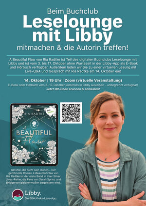 Werbeplakat zur Leselounge mit Libby und dem Buch "A Beautiful Flaw" von Ria Radtke.
