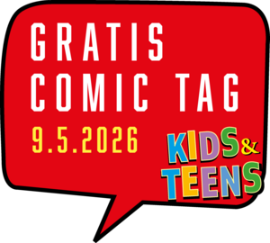 Logo des Gratis Comic Tags 2026 als rote Sprechblase mit der Inschrift "Gratis Comic Tag 9.5.2026 Kids & Teens".