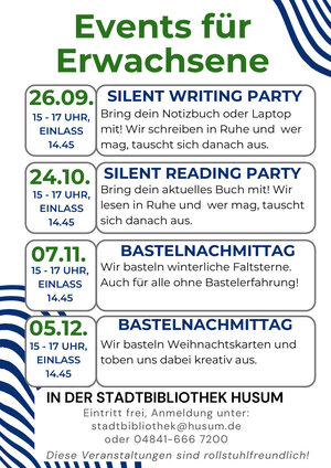 &Uuml;bersicht "Events f&uuml;r Erwachsene" von September bis Dezember 2026 in der Stadtbibliothek Husum mit Angabe des jeweiligen Termins und weiteren kurzen Infos zum Inhalt der jeweiligen Veranstaltung.