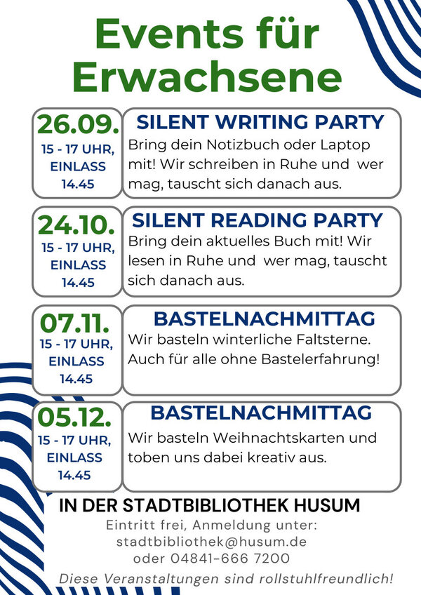 &Uuml;bersicht "Events f&uuml;r Erwachsene" von September bis Dezember 2026 in der Stadtbibliothek Husum mit Angabe des jeweiligen Termins und weiteren kurzen Infos zum Inhalt der jeweiligen Veranstaltung.