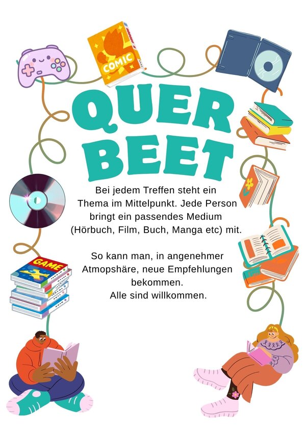 Plakat zur "Querbeet"-Veranstaltungsreihe in der Stadtbibliothek Husum mit Abbildungen vieler verschiedener Medien und kurzen Veranstaltungs-Infos.