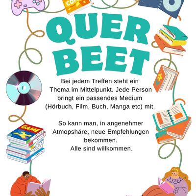 Plakat zur "Querbeet"-Veranstaltungsreihe in der Stadtbibliothek Husum mit Abbildungen vieler verschiedener Medien und kurzen Veranstaltungs-Infos.