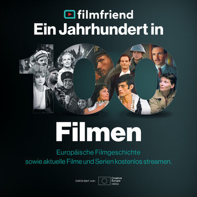 Das quadratische Werbebild zur Filmfriend-Sonderreihe "Ein Jahrhundert in 100 Filmen" zeigt den Titel, wobei die 100 durch eine Collage aus Filmbildern geformt ist, sowie n&auml;here Informationen zu dieser Aktion.